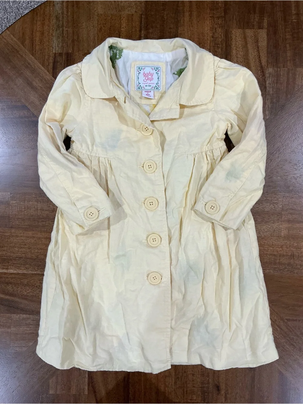 Vintage Baby Gap Size 3 Yellow Button Kids Trench Coat with Sunflower Liner